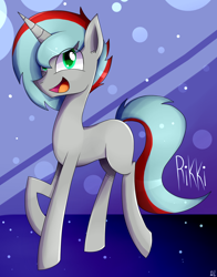 Size: 1100x1400 | Tagged: safe, artist:whitelie, derpibooru import, oc, oc only, oc:rikki, unicorn, looking at you, open mouth, simple background, smiling