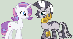 Size: 1198x648 | Tagged: safe, artist:jadethepegasus, artist:kingbases, derpibooru import, potion nova, zecora, pony, unicorn, zebra, base used, bracelet, duo, ear piercing, earring, eye contact, female, g4.5 to g4, gray background, green background, grin, jewelry, looking at each other, mare, neck rings, piercing, simple background, smiling