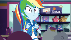 Size: 3410x1920 | Tagged: safe, derpibooru import, screencap, rainbow dash, better together, equestria girls, holidays unwrapped, clothes, cutie mark, cutie mark on clothes, dashing through the mall, female, geode of super speed, hoodie, jewelry, magical geodes, necklace, solo, wide eyes