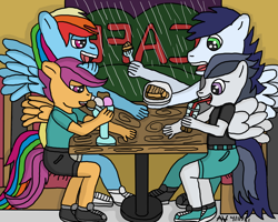 Size: 1024x820 | Tagged: safe, artist:kitsune85, derpibooru import, rainbow dash, rumble, scootaloo, soarin', anthro, cafe, eating, female, male, rumbloo, shipping, sitting, soarindash, straight