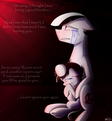 Size: 1300x1400 | Tagged: safe, artist:whitelie, derpibooru import, oc, oc only, oc:white lie, crying, foal, hug, sitting, text