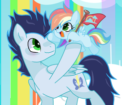 Size: 1039x893 | Tagged: safe, artist:galaxy-sparkleyt, derpibooru import, soarin', oc, oc:stardash, pegasus, pony, base used, father and child, father and daughter, female, filly, heterochromia, holding a pony, like father like daughter, like parent like child, male, offspring, open mouth, parent and child, parent:rainbow dash, parent:soarin', parents:soarindash, smiling, stallion