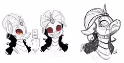 Size: 4096x2091 | Tagged: safe, artist:anontheanon, oc, oc only, oc:madame fortuna, pony, robot, robot pony, unicorn, ear piercing, earring, ears, eyes closed, female, floppy ears, fortune teller, grin, jewelry, lidded eyes, looking at you, mare, mechanical, neo noir, partial color, piercing, simple background, sketch, smiling, solo, tarot card, turban, ur mom, white background
