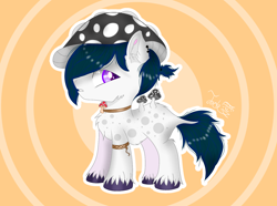 Size: 1650x1226 | Tagged: safe, artist:jadebreeze115, derpibooru import, earth pony, hybrid, original species, pony, bracelet, chest fluff, ear fluff, ear piercing, ears, hat, jewelry, looking at you, male, mushroom, necklace, piercing, ponytail, purple eyes, simple background, solo, spotted, stallion, standing, unshorn fetlocks