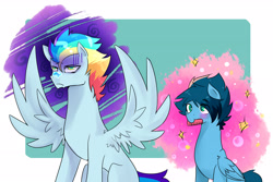 Size: 3000x2000 | Tagged: safe, artist:kraytt-05, derpibooru import, oc, oc:chasing cloud, oc:philadelfia, pony, annoyed, brothers, comb, duo, male, mouth hold, offspring, parent:rainbow dash, parent:soarin', parents:soarindash, siblings, spread wings, stallion, wings
