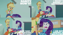 Size: 1280x720 | Tagged: safe, derpibooru import, edit, edited screencap, editor:quoterific, screencap, applejack, rarity, better together, equestria girls, rollercoaster of friendship, angry, applejack's hat, belt, blatant lies, boots, bracelet, clothes, cowboy boots, cowboy hat, cutie mark, cutie mark on clothes, denim skirt, geode of shielding, geode of super strength, hairpin, hat, jewelry, magical geodes, marshmelodrama, meltdown, necklace, rarity being rarity, rarity peplum dress, shoes, skirt