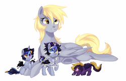 Size: 2800x1800 | Tagged: safe, artist:kraytt-05, derpibooru import, derpy hooves, oc, alicorn, bat pony, alicorn oc, bat pony oc, colt, derp, female, filly, freckles, frog (hoof), heterochromia, horn, lying down, magical lesbian spawn, male, mother and child, offspring, parent and child, parent:derpy hooves, parent:princess luna, parents:lunaderp, prone, simple background, underhoof, white background, wings