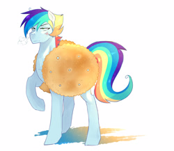 Size: 2300x2000 | Tagged: safe, artist:kraytt-05, derpibooru import, oc, oc only, oc:philadelfia, pegasus, pony, clothes, costume, cross-popping veins, food, food cosutme, male, multicolored hair, offspring, parent:rainbow dash, parent:soarin', parents:soarindash, rainbow hair, raised hoof, raised leg, simple background, snorting, stallion, visible breath, white background