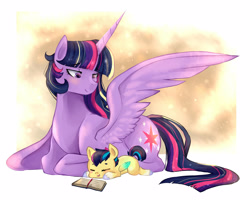 Size: 2500x2000 | Tagged: safe, artist:kraytt-05, derpibooru import, twilight sparkle, twilight sparkle (alicorn), oc, oc:light sword, alicorn, pegasus, pony, blank flank, book, colt, duo, female, lying down, male, mama twilight, mare, mother and child, mother and son, offspring, one wing out, parent and child, parent:flash sentry, parent:twilight sparkle, parents:flashlight, prone, sleeping, wings