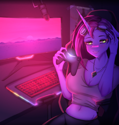 Size: 4000x4200 | Tagged: safe, artist:ruvik669, derpibooru import, oc, oc only, oc:twilight garrison, anthro, belly button, big breasts, breasts, cleavage, computer, controller, destiny (game), gamer, gaming chair, goggles, jewelry, keyboard, midriff, monitor, necklace, playstation, rgb, solo