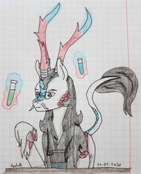 Size: 2730x3366 | Tagged: safe, artist:agdapl, derpibooru import, kirin, bust, crossover, glasses, glowing horn, graph paper, hoof fluff, horn, kirin-ified, leonine tail, magic, male, medic, potion, signature, smiling, solo, species swap, team fortress 2, telekinesis, traditional art, vial