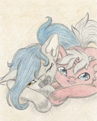 Size: 1733x2169 | Tagged: safe, artist:cindertale, derpibooru import, oc, oc only, earth pony, pony, unicorn, baby, baby pony, duo, earth pony oc, horn, lying down, one eye closed, pacifier, prone, smiling, traditional art, unicorn oc, wink