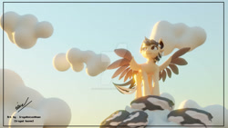 Size: 1192x670 | Tagged: safe, artist:irshadhazmi, derpibooru import, oc, oc:hearty felt, pegasus, pony, 3d, blender, cloud, looking back, mountain, signature, sky, solo, spread wings, wings