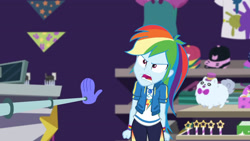 Size: 3410x1920 | Tagged: safe, derpibooru import, screencap, rainbow dash, better together, equestria girls, holidays unwrapped, angry, clothes, cutie mark, cutie mark on clothes, dashing through the mall, female, geode of super speed, hoodie, jewelry, magical geodes, necklace, open mouth, ragebow dash, solo