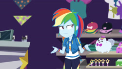 Size: 3410x1920 | Tagged: safe, derpibooru import, screencap, rainbow dash, better together, equestria girls, holidays unwrapped, clothes, cutie mark, cutie mark on clothes, dashing through the mall, female, geode of super speed, hoodie, jewelry, magical geodes, necklace, rainbow dash is not amused, solo, unamused