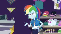 Size: 3410x1920 | Tagged: safe, derpibooru import, screencap, rainbow dash, better together, equestria girls, holidays unwrapped, clothes, cutie mark, cutie mark on clothes, dashing through the mall, female, geode of super speed, hand on hip, hoodie, jewelry, magical geodes, necklace, rainbow dash is not amused, solo, unamused