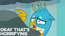 Size: 1280x720 | Tagged: safe, derpibooru import, edit, edited screencap, editor:quoterific, screencap, gallus, griffon, what lies beneath, male, open mouth, reaction image, scared