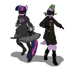 Size: 975x922 | Tagged: safe, anonymous artist, derpibooru exclusive, derpibooru import, spike, twilight sparkle, anthro, dragon, pony, 2b, 9s, blindfold, breasts, clothes, cosplay, costume, crossover, duo, female, katana, male, mare, nier: automata, pants, shipping, skirt, straight, sword, twispike, weapon