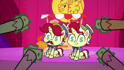 Size: 1920x1080 | Tagged: safe, derpibooru import, screencap, flam, flim, pony, unicorn, lolly-pop, my little pony: pony life, spoiler:pony life s02e19, dollar sign, flim flam brothers, male, money, sitting, stallion, wingding eyes