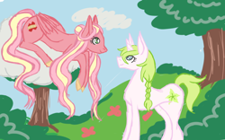 Size: 1280x800 | Tagged: safe, artist:citrusskittles, derpibooru import, oc, oc only, oc:anthea, oc:royal empire, pegasus, pony, unicorn, adopted offspring, cloud, duo, female, interdimensional siblings, looking at each other, lying down, lying on a cloud, mare, offspring, on a cloud, parent:big macintosh, parent:fluttershy, parents:fluttermac