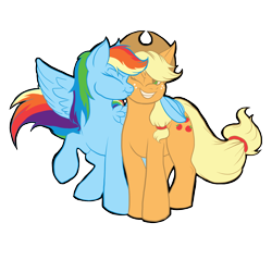 Size: 2000x2000 | Tagged: safe, artist:katsaka, derpibooru import, applejack, rainbow dash, earth pony, pegasus, pony, appledash, butt touch, feathermarking, female, kiss on the cheek, kissing, lesbian, mare, shipping, simple background, transparent background