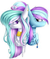 Size: 2263x2651 | Tagged: safe, artist:mediasmile666, derpibooru import, oc, oc only, pony, bust, chest fluff, choker, duo, ear piercing, earring, female, jewelry, mare, pendant, piercing, simple background, starry eyes, transparent background, wingding eyes