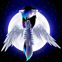 Size: 2449x2449 | Tagged: safe, artist:mediasmile666, derpibooru import, oc, oc only, pegasus, pony, coat markings, ears, female, floppy ears, flying, full moon, mare, moon, night, night sky, sky, spread wings, wings