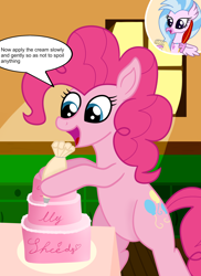 Size: 3200x4400 | Tagged: safe, artist:profyurko, derpibooru import, pinkie pie, silverstream, classical hippogriff, earth pony, hippogriff, pony, cake, cutie mark, female, food, hind legs, jewelry, mare, necklace, notepad, quill