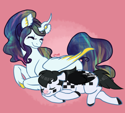 Size: 1650x1500 | Tagged: safe, artist:lavvythejackalope, derpibooru import, oc, oc only, alicorn, pegasus, pony, alicorn oc, colored hooves, duo, eyes closed, horn, looking back, lying down, pegasus oc, prone, smiling, wings