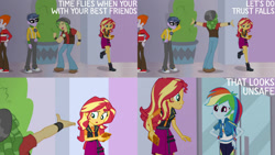 Size: 1280x720 | Tagged: safe, derpibooru import, edit, edited screencap, editor:quoterific, screencap, heath burns, microchips, rainbow dash, sandalwood, sunset shimmer, a fine line, equestria girls, equestria girls series, cellphone, clothes, cutie mark, cutie mark on clothes, eyes closed, female, geode of empathy, geode of super speed, glasses, hands on hip, hoodie, jacket, leather, leather jacket, magical geodes, male, phone, shoes, smartphone, smiling, trust fall