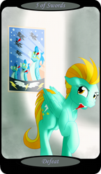 Size: 1500x2591 | Tagged: safe, artist:sixes&sevens, derpibooru import, lightning dust, pegasus, cloud house, dartboard of hate, darts, female, five of swords, looking back, mare, minor arcana, mouth hold, solo, tarot card, wonderbolts poster