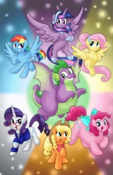 Size: 2650x4096 | Tagged: safe, alternate version, artist:aleximusprime, derpibooru import, applejack, fluttershy, pinkie pie, rainbow dash, rarity, spike, twilight sparkle, twilight sparkle (alicorn), alicorn, dragon, flurry heart's story, adult, adult spike, anklet, big crown thingy, bow, bracelet, clothes, cowboy hat, different hairstyle, ear piercing, earring, element of magic, fat, fat spike, glasses, hat, jewelry, mane seven, mane six, older, older spike, piercing, plump, ponytail, pudgy pie, regalia, shirt, shorter hair, stetson, tiara, winged spike, wip