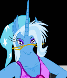 Size: 1280x1484 | Tagged: safe, artist:oceanrailroader, derpibooru import, trixie, anthro, unicorn, black background, blue coat, cleavage, clothes, female, glasses, hat, horn, simple background, solo, trixie's hat, two toned mane