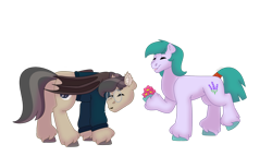 Size: 1280x732 | Tagged: safe, artist:itstechtock, derpibooru import, oc, oc only, oc:waxing lyrical, bat pony, earth pony, pony, female, flower, glasses, male, mare, simple background, stallion, transparent background