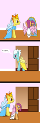 Size: 800x2400 | Tagged: safe, artist:platinumdrop, derpibooru import, fleetfoot, scootaloo, spitfire, alternate hairstyle, clothes, comic, dress, fairy, fairy wings, request, speech bubble, wings