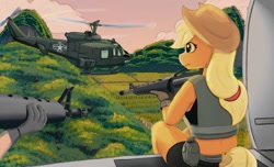 Size: 1150x700 | Tagged: safe, artist:zeroonesunray, derpibooru import, applejack, anthro, earth pony, assault rifle, gun, hat, helicopter, m16, rifle, uh-1 iroquois, vietnam war, war, weapon