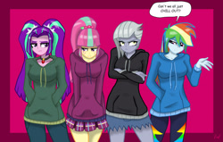 Size: 1920x1224 | Tagged: safe, artist:lennondash, derpibooru import, aria blaze, limestone pie, rainbow dash, sour sweet, equestria girls, clothes, denim skirt, hoodie, limetsun pie, pants, simple background, skirt, sourdere, tsundaria, tsundere