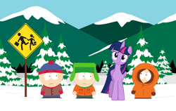 Size: 1354x858 | Tagged: safe, derpibooru import, twilight sparkle, twilight sparkle (alicorn), alicorn, human, awkward, awkward moment, bus stop, clothes, comedy central, confused, crossover, expression, gloves, head tilt, height difference, kenny mccormick, kyle broflovski, looking at each other, looking at someone, looking at you, mountain, mountain range, road sign, snow, south park, stan marsh, tree, winter