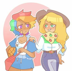 Size: 540x532 | Tagged: artist needed, source needed, safe, derpibooru import, applejack, rainbow dash, human, appledash, female, humanized, lesbian, shipping