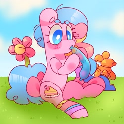 Size: 2855x2855 | Tagged: safe, artist:cocopudu, derpibooru import, oc, oc only, earth pony, balloon, balloon animal, balloon art, blowing up balloons, bow, cute, female, mare, outdoors, solo, tail bow