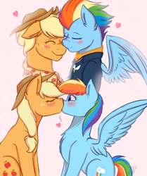 Size: 1668x2000 | Tagged: safe, artist:shamy-crist, derpibooru import, applejack, rainbow dash, earth pony, pegasus, pony, the last problem, appledash, blushing, chest fluff, eyes closed, female, heart, kissing, lesbian, lesbian dash, mare, older, older applejack, older rainbow dash, pink background, shipping, simple background