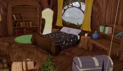 Size: 1174x679 | Tagged: safe, artist:more-useless-source, derpibooru import, 3d, alarm clock, bed, bookshelf, chest, clock, golden oaks library, mirror, no pony