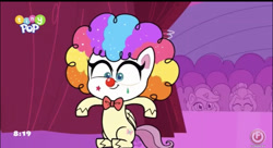 Size: 828x452 | Tagged: safe, derpibooru import, screencap, fluttershy, pegasus, pony, lolly-pop, my little pony: pony life, spoiler:pony life s02e19, adorkable, clown, clown makeup, clown nose, clown wig, cute, dork, female, flutterbadass, flutterclown, mare, shyabetes, solo focus