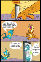 Size: 1400x2100 | Tagged: safe, artist:skunkstripe, derpibooru import, gallus, ocellus, smolder, changedling, changeling, dragon, griffon, comic, dialogue, dumb yung-six comics, inanimate tf, knife, speech bubble, transformation