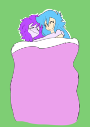Size: 2870x4036 | Tagged: safe, artist:doodlegamertj, derpibooru import, oc, oc only, oc:mable syrup, oc:musicallie, human, equestria girls, bed, blue hair, blushing, cuddling, gay, green background, happy, humanized, male, purple hair, simple background