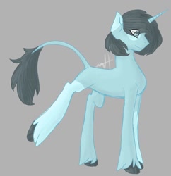 Size: 1080x1114 | Tagged: safe, artist:random_glitter_productions, derpibooru import, oc, pony, unicorn, gray background, horn, leonine tail, male, signature, simple background, smiling, stallion, unicorn oc, unshorn fetlocks