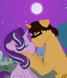 Size: 468x546 | Tagged: safe, artist:brandonthebronypony, derpibooru import, starlight glimmer, oc, oc:brandon, pony, unicorn, canon x oc, female, full moon, kissing, male, moon, night, shipping, straight