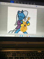 Size: 1280x1707 | Tagged: safe, artist:sugarbugjewelpet, derpibooru import, trixie, unicorn, bipedal, clothes, eyes closed, female, guitar, hoof hold, mare, musical instrument, photo, picture of a screen, shirt, simple background, solo, white background