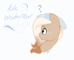 Size: 844x684 | Tagged: safe, artist:cookietasticx3, derpibooru import, oc, oc:winter star, pegasus, pony, ask, beanie, bust, female, hat, mare, pegasus oc, simple background, solo, white background