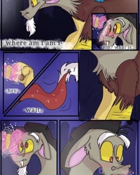 Size: 540x676 | Tagged: safe, artist:cocolove2176, derpibooru import, discord, butterfly, draconequus, comic:fluttering chaos, blushing, comic, dialogue, implied fluttershy, male